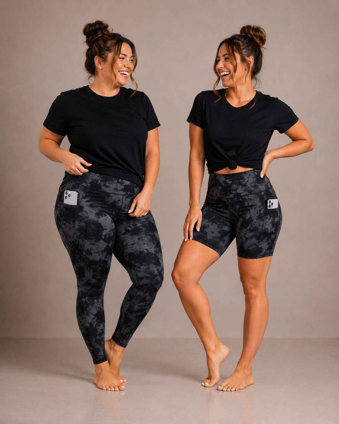 Two women wearing Barefoot & Busy Black Marble high waisted pocket leggings and shorts with black t-shirts in a bright modern studio.