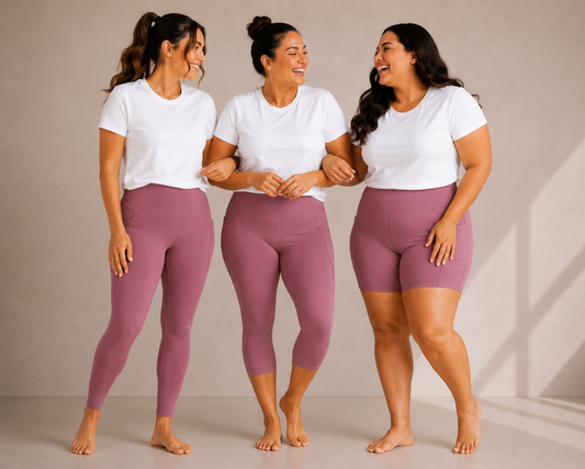 Three women wearing Barefoot & Busy Desert Rose high waisted pocket leggings, capri leggings and shorts with white t-shirts in a bright modern studio.